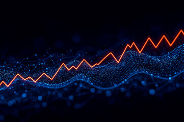 Fototapeta premium A dynamic digital illustration showcases a bright red line graph trending upwards against a dark background superimposed on a complex blue network of interconnected nodes and lines