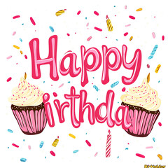Playful "Happy Birthday" text with cupcake illustrations and sprinkles in the background.