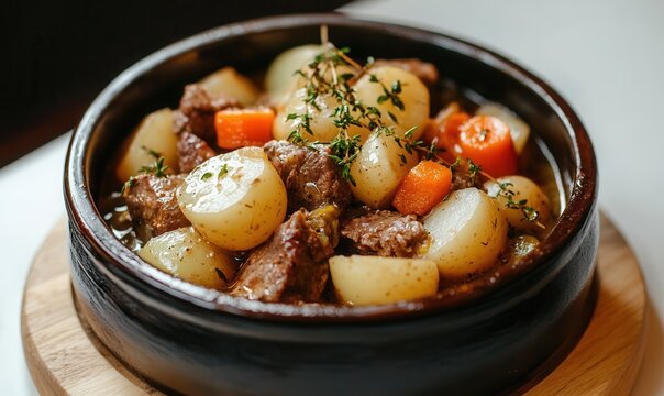 Baeckeoffe preparation with potatoes, carrots, onions, and meat in a rustic setting