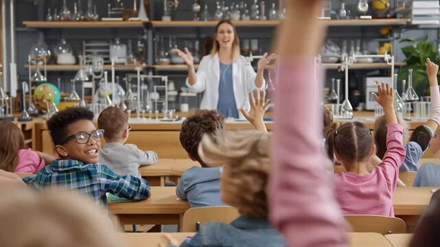 Classroom Interaction: A dynamic classroom scene, with an animated teacher inspiring a group of students to enthusiastically participate in a captivating lesson.