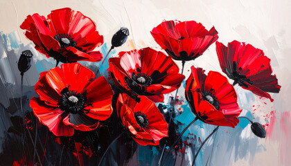Fototapeta premium Oil painting of beautiful poppies in red and black, expressive brush strokes. Hand drawn art.