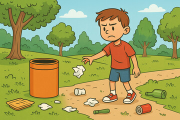 Boy Littering in Park Despite Empty Trash Can – Daytime Illustration