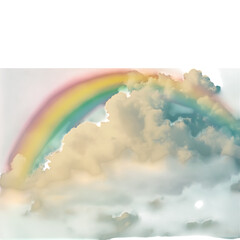Rainbow arching from one cloud to another, isolated and colorful.