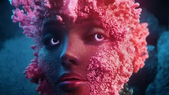 Surreal Portrayal of Human Face with Coral Textures and Bio-Luminescent Accents