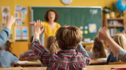 Engaged Learners: Students enthusiastically raise their hands, eagerly participating in a dynamic classroom environment.