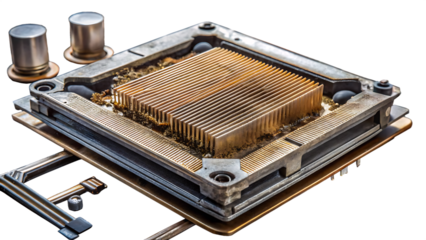 Close up of a dirty computer C P U heatsink with dust and debris isolated on a transparent background