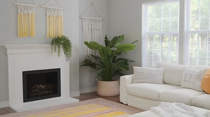 Bright Living Room Decor Macrame Wall Hanging White Sofa