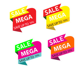 Label and sticker with holographic effect and watermark: Big Sale, Special offer, discount, Best price, New, Premium product, 50%, Half Price. Hologram gradient of various geometric shapes.