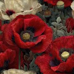 seamless background tangled and intricate layers of red cream poppy flowers create rich texture. artwork showcases the beauty nature, ideal for designs generative ai