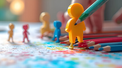 Colorful figures being drawn with a pencil creating art