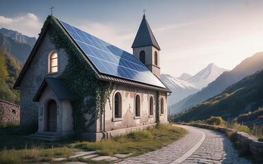 Abandoned church roof covered with solar panels