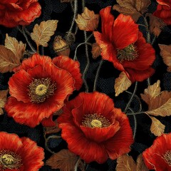 seamless artwork features detailed pattern of vibrant red poppy flowers set against dark background. the design highlights swirling vines and textured leaves, creating striking visual appeal ai
