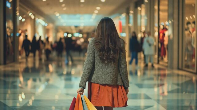 Woman Holding Shopping Bag in Mall - Walking, Smiling, Retail Therapy, Consumerism, Lifestyle, Bright Day