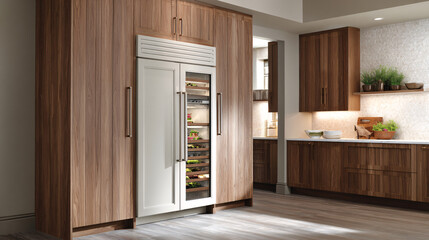 Fototapeta premium Panel-Ready Built-In Refrigerator Integrated into Walnut Kitchen Cabinetry