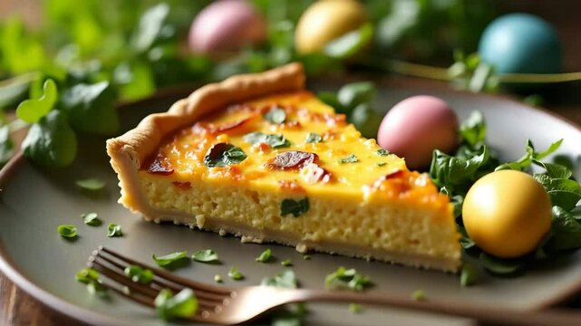 Easter quiche slice on plate with pastel eggs and herbs. Festive Easter quiche, perfect for brunch or holiday gathering. This delicious Easter quiche recipe is ideal for spring celebrations.