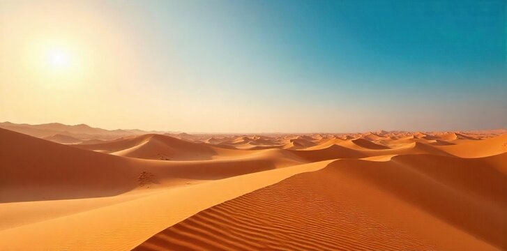 Sun-Drenched Thar Desert Rolling Sand Dunes Stretching to the Horizon under a Vibrant Sky. A breathtaking landscape of natural beauty, showcasing the arid environments expansive serenity.