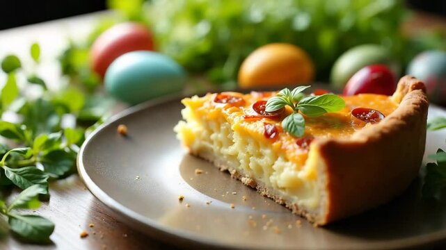 Delicious Easter quiche with cheese and tomatoes. Easter quiche recipe includes creamy cheese filling, sun-dried tomatoes, and flaky crust. Festive Easter quiche perfect for holiday brunch,