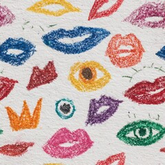seamless vibrant crayon drawings showcase various lips, eyes, and crowns scattered across white paper, forming playful artistic pattern perfect for creative projects generative ai
