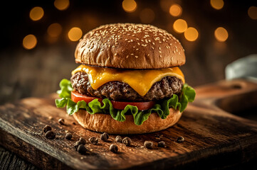 A delicious gourmet cheeseburger is presented on a rustic wooden board featuring a thick beef patty melted cheddar cheese crisp lettuce and ripe tomato slices