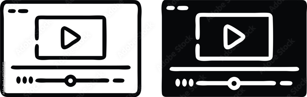 Poster minimalist video player flat icon – black vector illustration with play button and ui controls