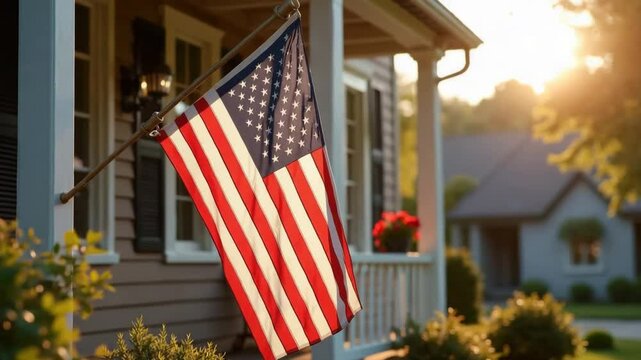 American flag waving proudly on suburban house porch at sunset.  Patriotic scene includes national flag hanging from porch post.  Perfect image for Independence Day cards, social media posts,