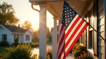 American flag displayed on house porch at sunset. Patriotism and national pride shown with stars and stripes waving gently in warm evening light. - Powered by Adobe