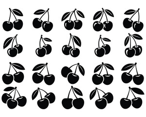 Cherry silhouette, Cherry fruit silhouette set, Collection of cherry silhouette in various poses isolated on background