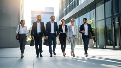Diverse Business Team Walking Together Near Modern Office Building in Sunny Day - Powered by Adobe
