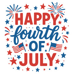 Obraz premium Happy fourth of july text with fireworks, flags, and star decorations for independence day on transparent background