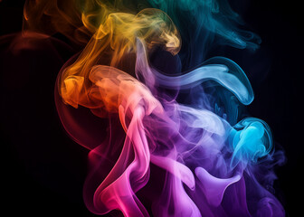 Abstract colored puffs of smoke swirls overlay on black background. Royalty high-quality free stock photo image of abstract colorful smoke overlays on dark background. Multicolor smoke swirl fragments