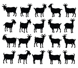 Goat silhouette, Goat silhouette collection, various goat poses, standing, walking, running, jumping, Set of goat silhouette isolated on white background