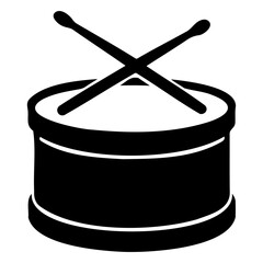 Illustration of a black drum with two drumsticks crossed over it in a simple vector design on transparent background © QuickDesign24