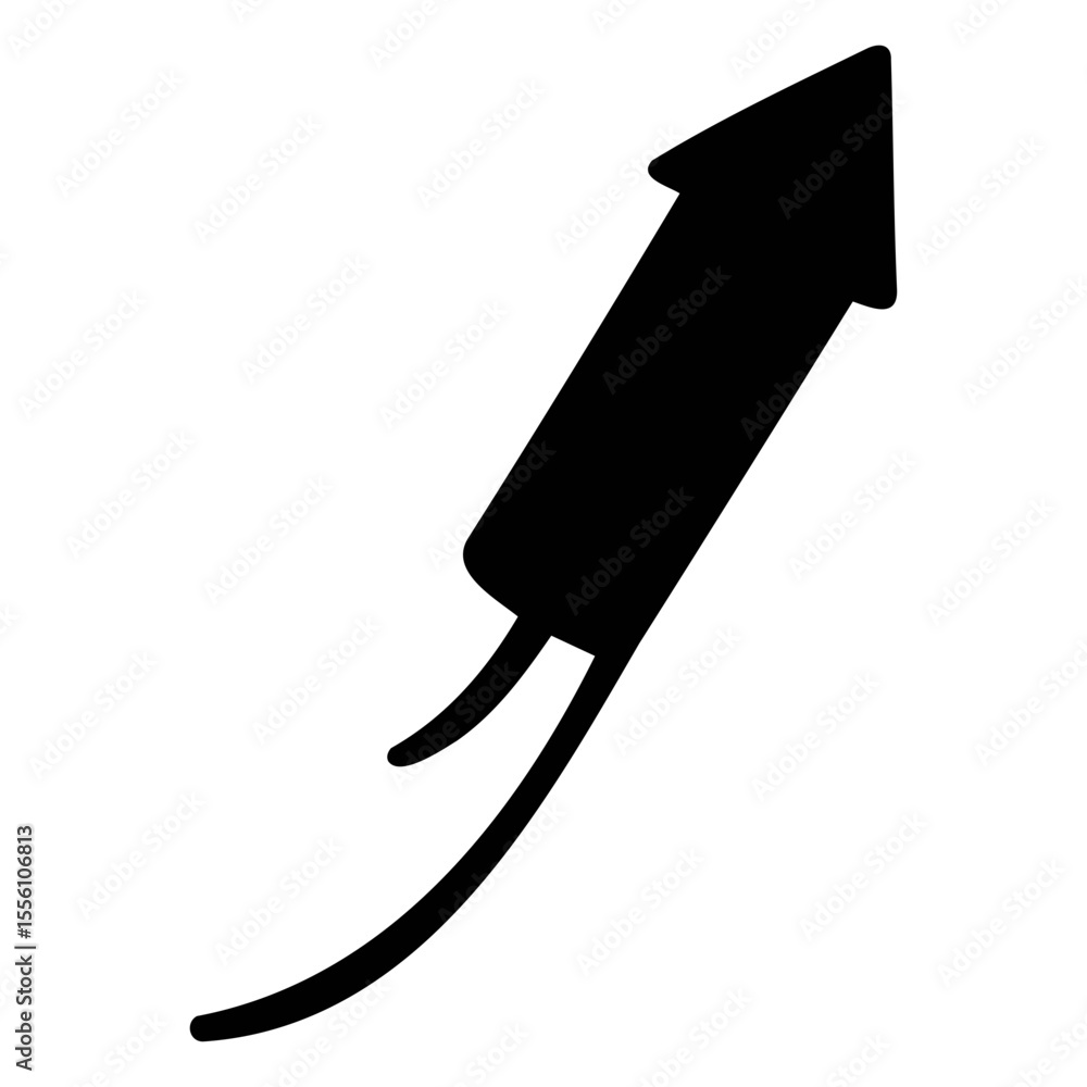 Poster silhouette of a firework rocket ascending diagonally with a pointed tip and trailing fuse lines on t