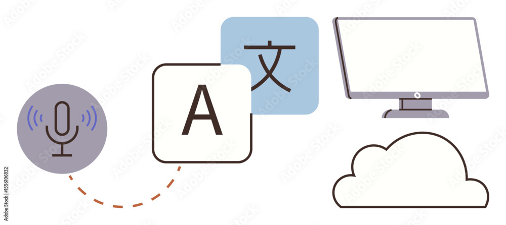 Poster microphone, language symbols exchanging data, cloud, and computer screen. ideal for ai, cloud comput