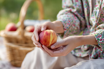 female hands holding fresh peach over picnic setup