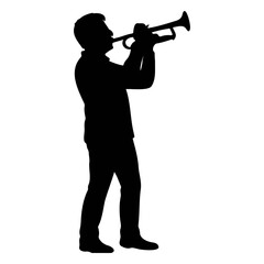 Silhouette of a musician playing a trumpet standing in profile against a white background on transparent background