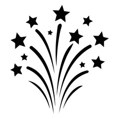 Stylized black and white illustration of a firework display with stars and curved lines on transparent background