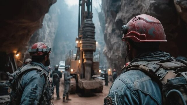 Miners at work: In the depths of the mine, workers with safety gear operate machinery, highlighting human resilience and cooperation in industrial environment.