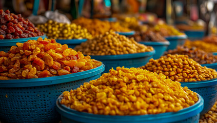 Bright and colorful street food stalls feature an array of vibrant fresh fruits and dried fruits artistically displayed in attractive blue baskets,