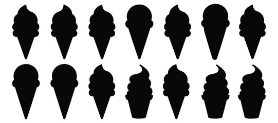 Cream cone silhouette, Ice cream silhouettes set, Set of ice cream cone silhouette on white background