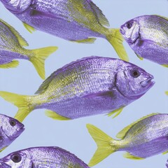 seamless texture brightly colored fish in shades of purple, lime green, and yellow swim aquarium setting. the design creates visually appealing, perfect for various decorative uses generative ai