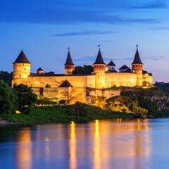 Obraz premium Majestic castle perched on a hill with dramatic architecture against a beautiful landscape