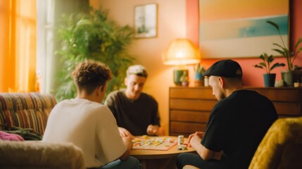 Group of friends engages in a friendly dice game in a warm, vintage-style living room setting