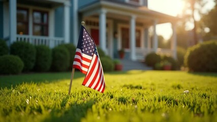 American flag planted in lush green grass in front of beautiful house. Patriotism and national pride shown with small flag near home entrance. - Powered by Adobe