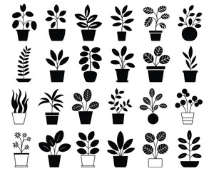 Houseplant silhouette, Plants in pots silhouette vector, Set of potted plants silhouette isolated on white background