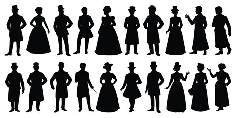 Victorian era people silhouette, Victorian era fashion silhouettes men and women, Victorian era silhouette, Men and women in elegant 19th century outfits with hats and canes