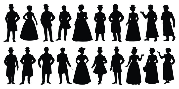 Victorian era people silhouette, Victorian era fashion silhouettes men and women, Victorian era silhouette, Men and women in elegant 19th century outfits with hats and canes