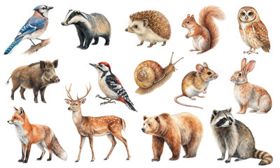 Watercolor Forest Animals Clipart Set with Woodland Creatures and Birds