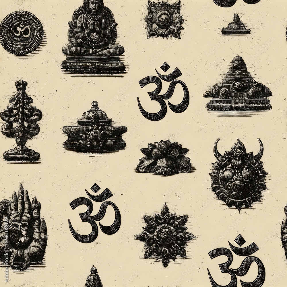 Poster seamless texture creative hand-drawn technology symbols are showcased on white background, creating 