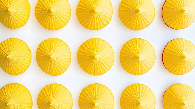Vibrant Yellow Paper Umbrellas Pattern on White Wall Background - Powered by Adobe